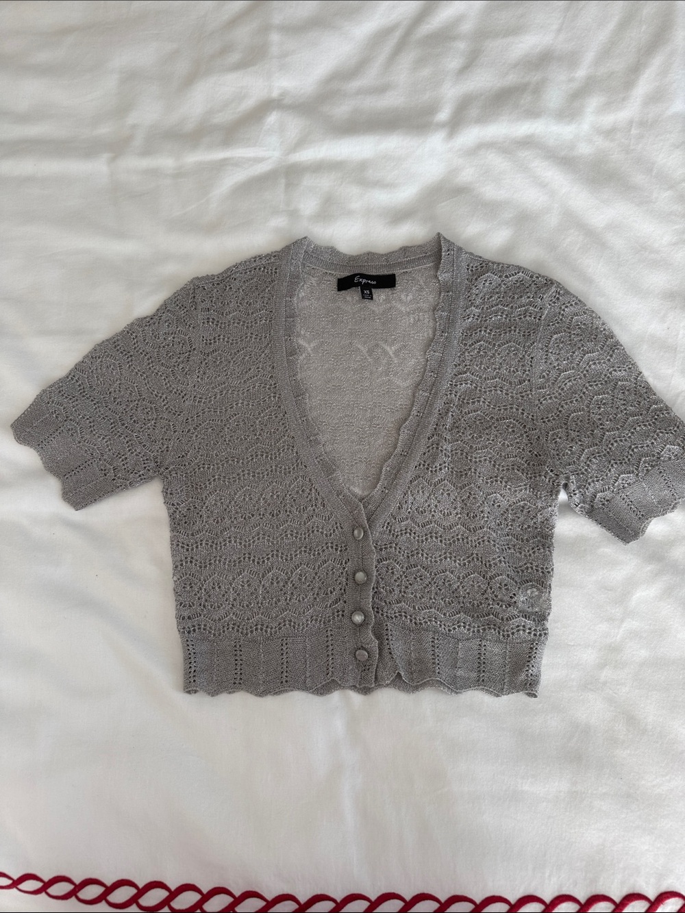 Express Light Gray metallic Lace Knit V-Neck Cardigan